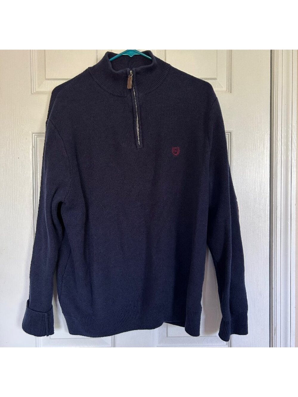 Chaps Men’s Navy Blue 1/4 Zip Cotton Sweater with Faux Suede Elbow Patches - Siz